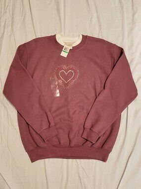 90s NWT Top Stitch Rhinestone Heart Grannycore Crewneck Sweatshirt Large